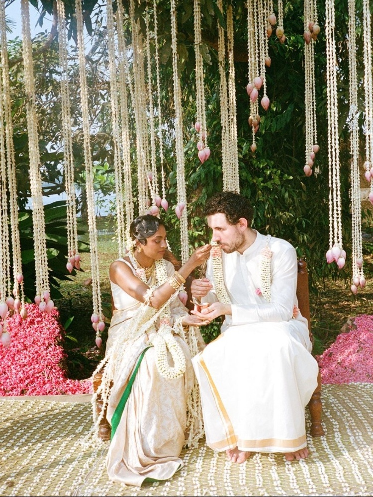 Natasha Sumant and Lucien Dumas at their wedding in Kerala