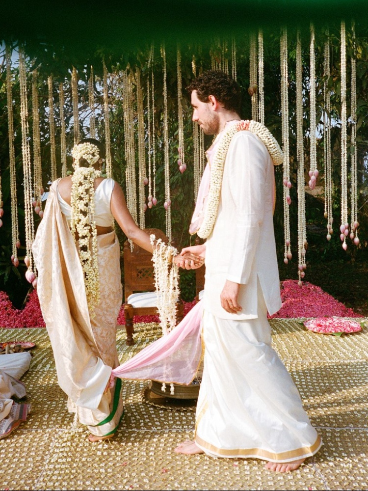Natasha Sumant and Lucien Dumas at their wedding in Kerala