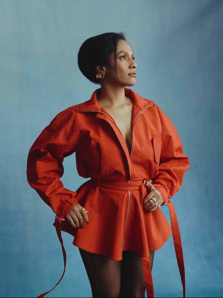 Utility jacket, Lovebirds. Earrings, Masaba fine jewellery. Rings: all Viange. Stockings,Theater xyz