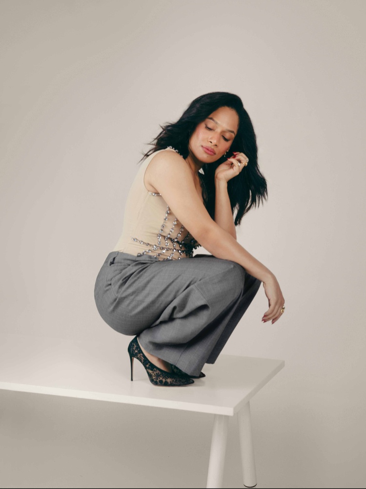 Embellished bodysuit, trousers; H&M X Stella McCartney. Rings: all Viange. Heels, Aquazzura