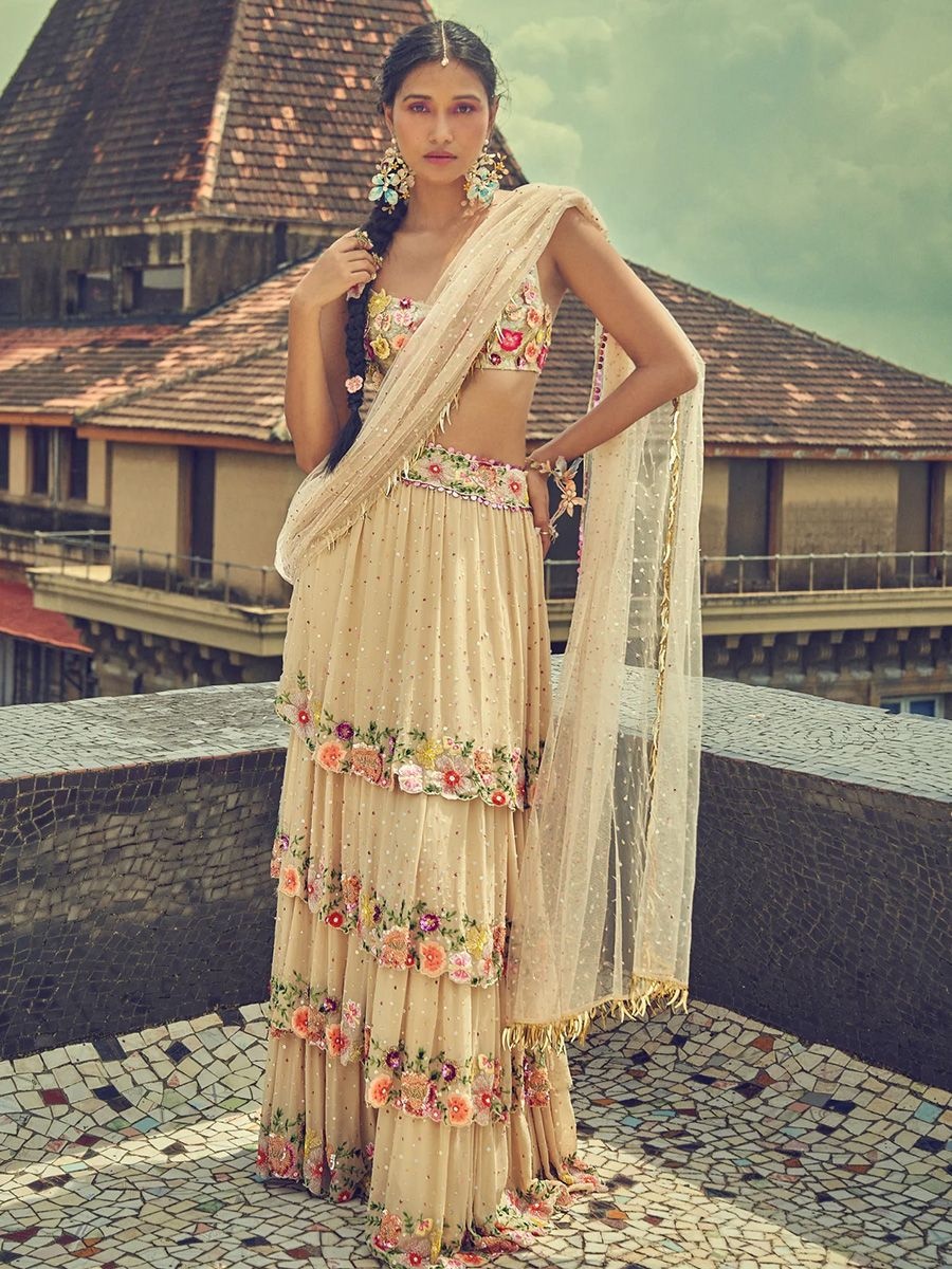 Surily G Nude Layered Stitched Saree, The Nod Mag