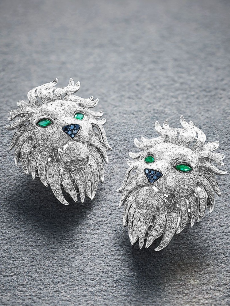 Diamond studded lapel pins in the shape of a lion by Manish Malhotra High Jewellery