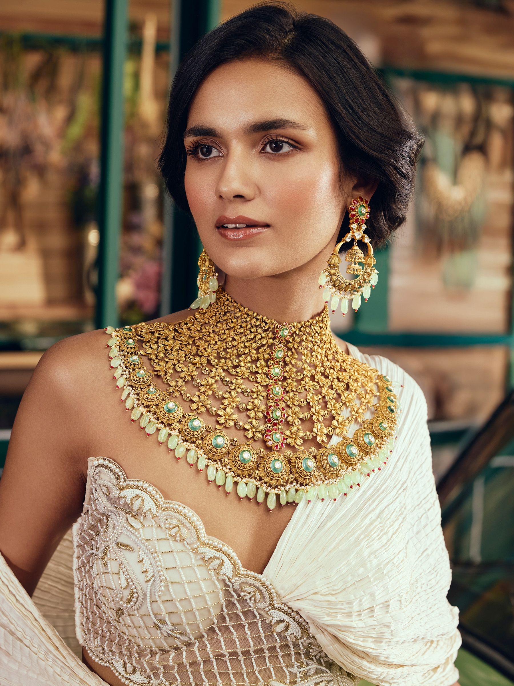 Statement Gold Satlada Set with Emerald Drops