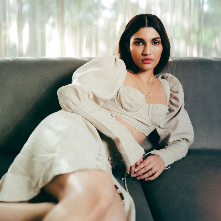 Alizeh Agnihotri in a linen midi skirt and top by Isa Boulder