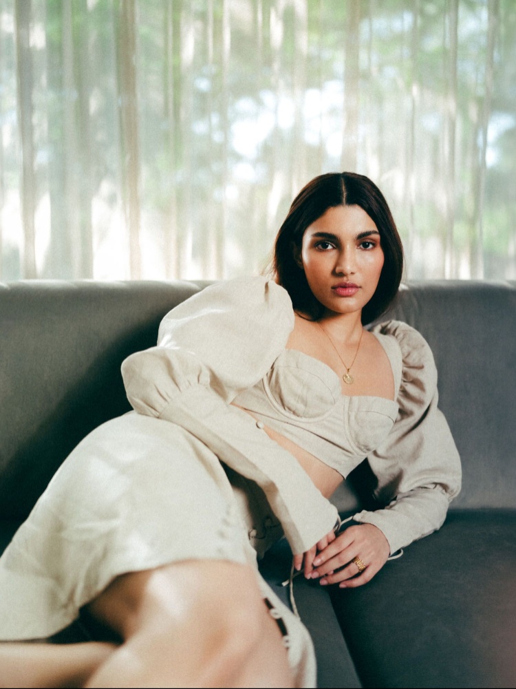 Alizeh Agnihotri in a linen midi skirt and top by Isa Boulder