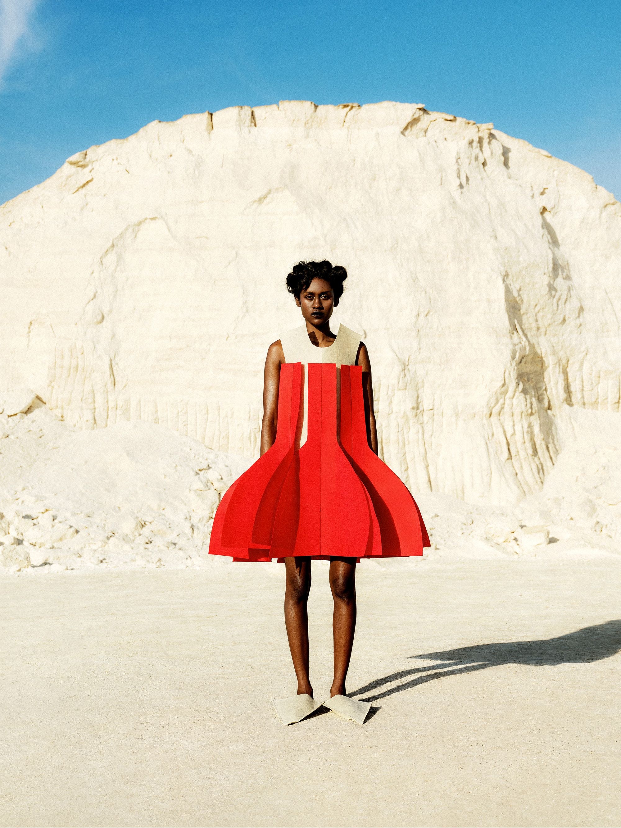 A look from his collection that was created by stitching felted paper together 