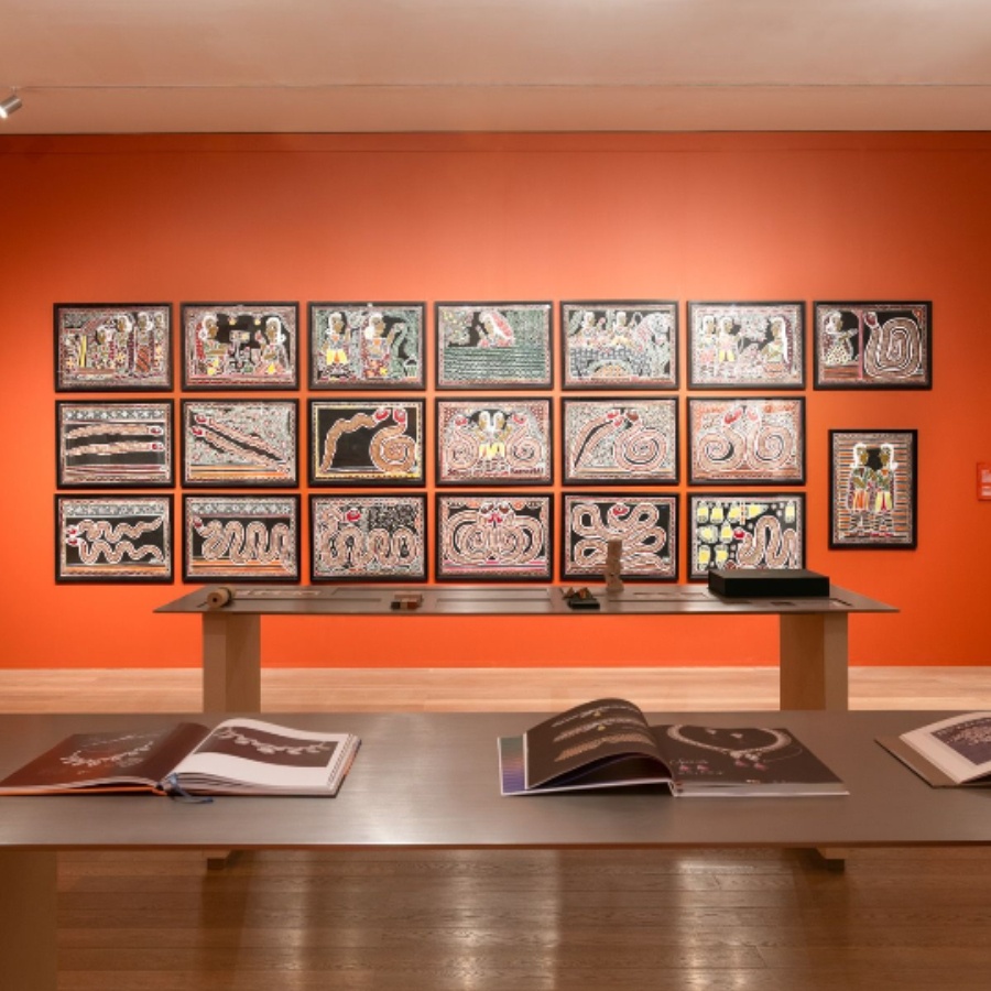 The works of Madhubani artist Baua Devi on display at the exhibition 