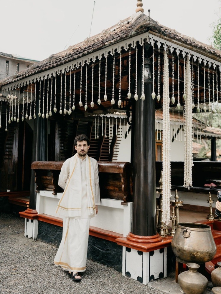 Natasha Sumant and Lucien Dumas at their wedding in Kerala