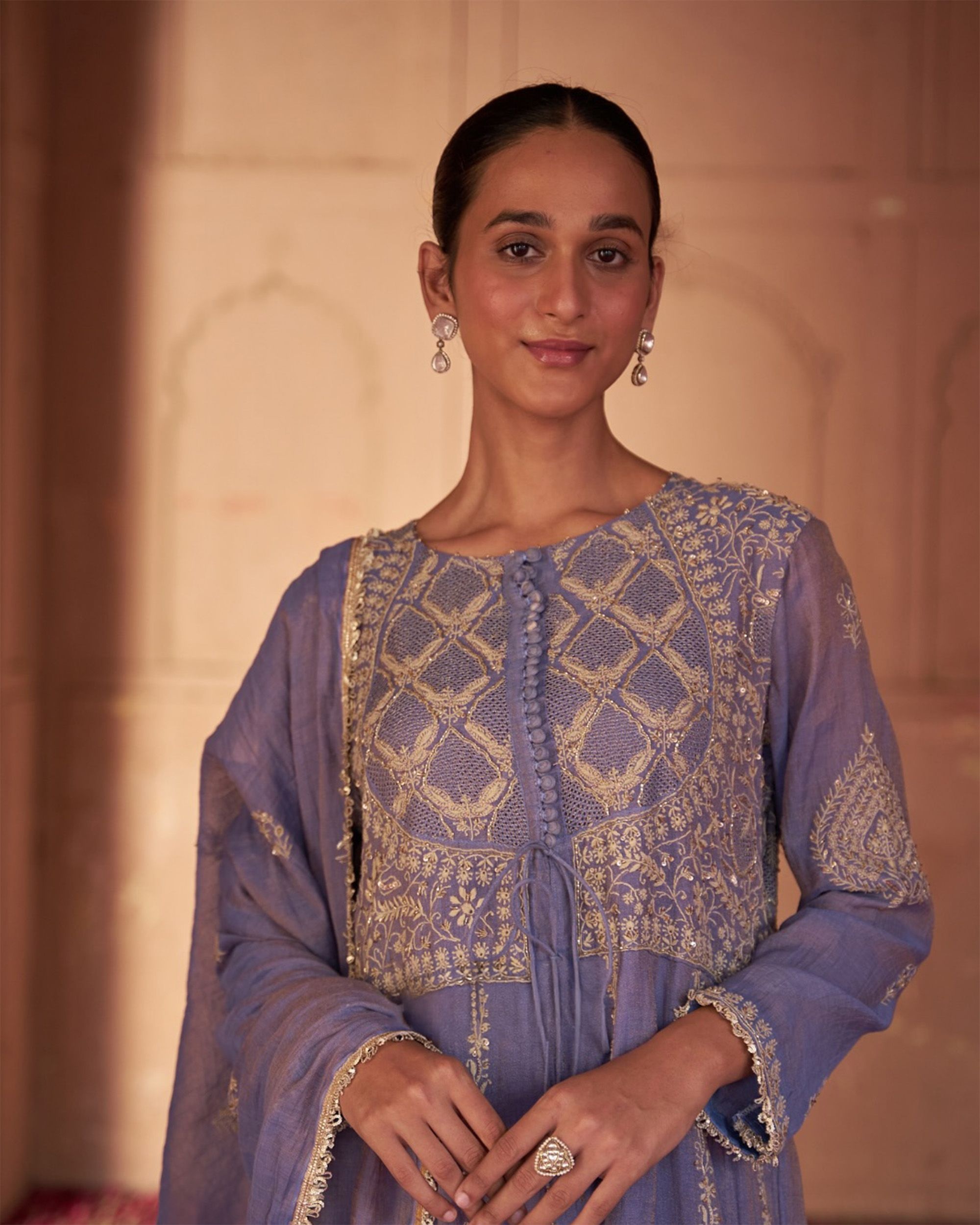 Lavender tissue Chikankari anarkali by Dhaaga & Co.