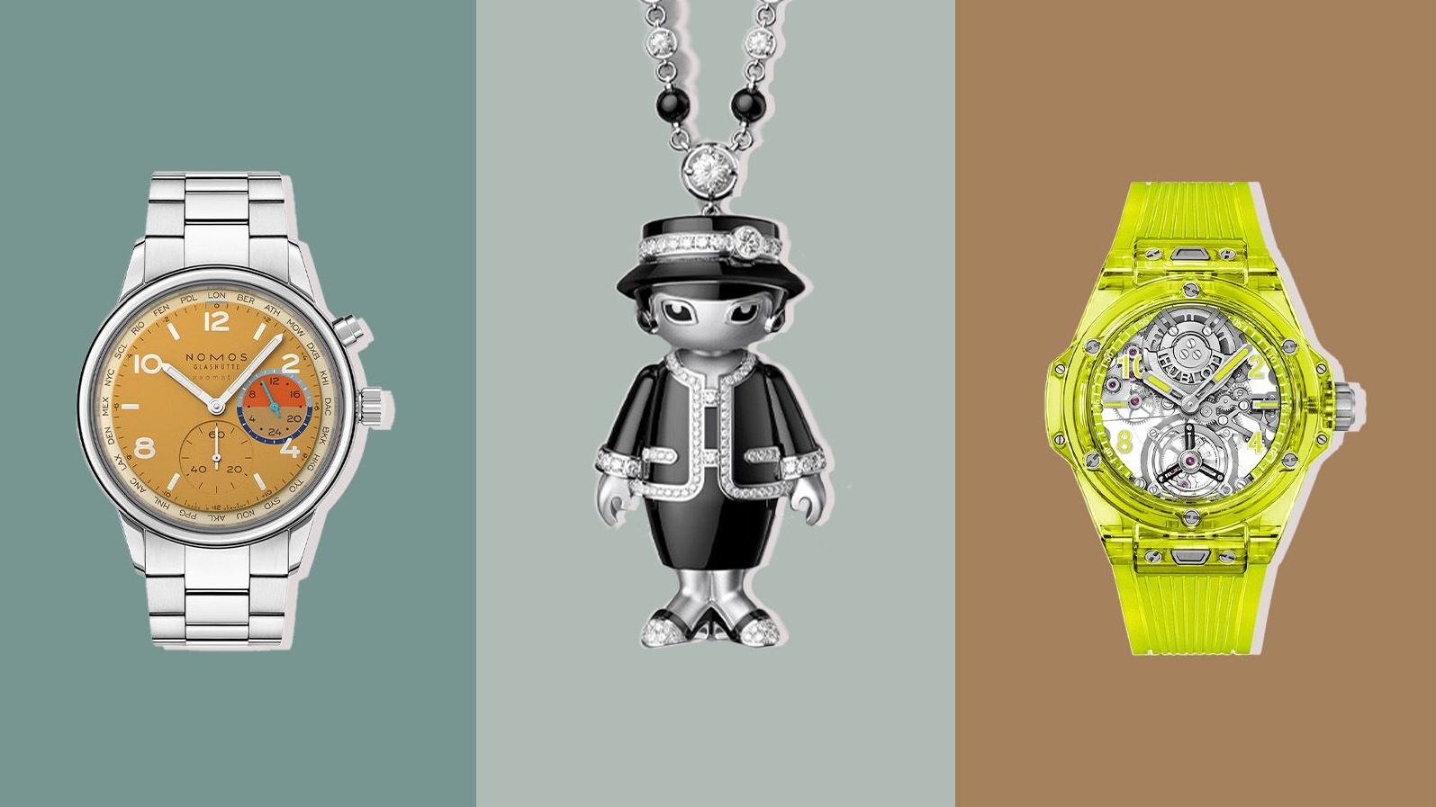 The NOMOS Glashütte Club Sport Neomatik Worldtimer; Chanel Coco Black Jacket necklace watch; Hublot Big Bang Tourbillon Automatic