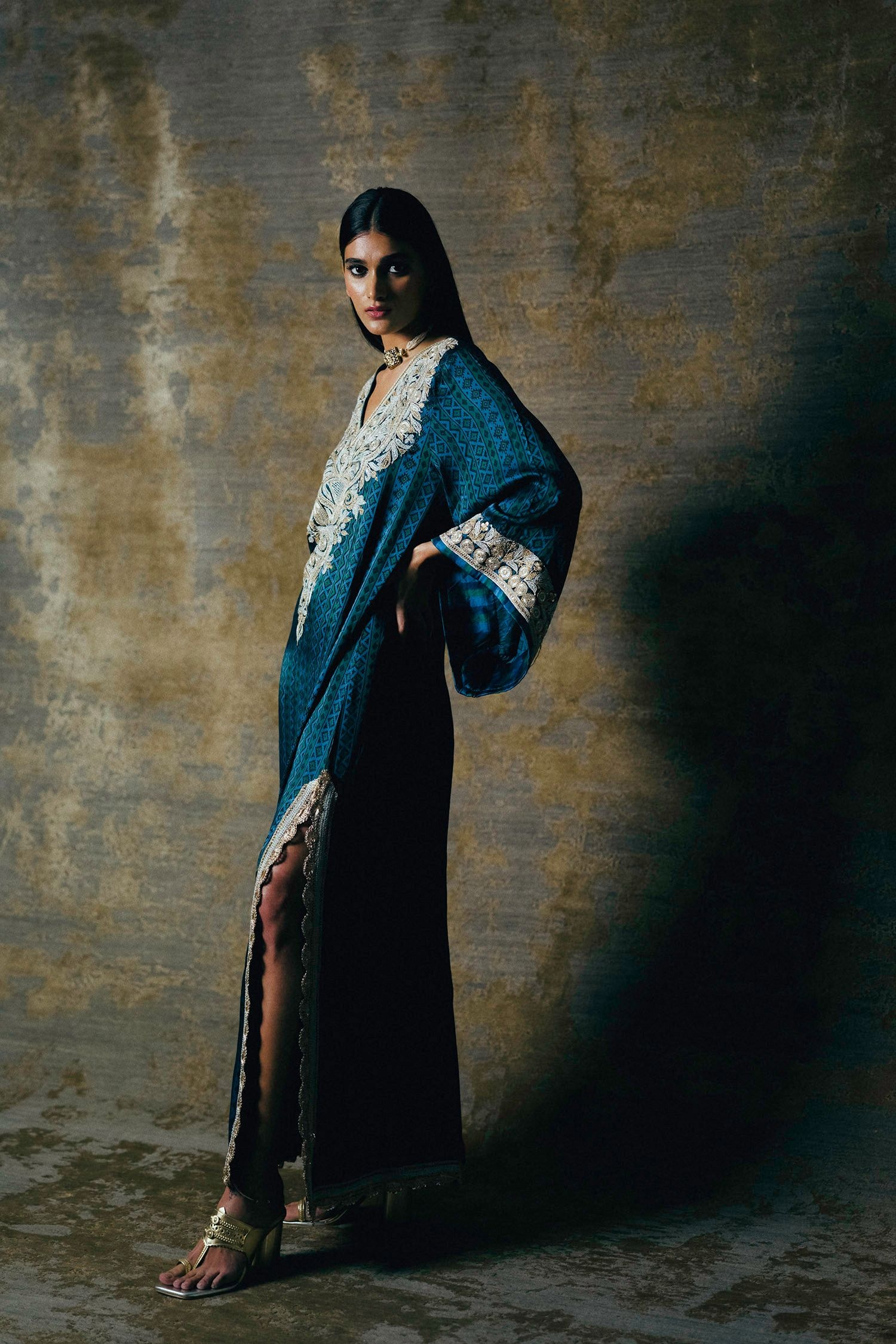 Model Manya Mitra in a blue kaftan dress by Sangita Kilachand