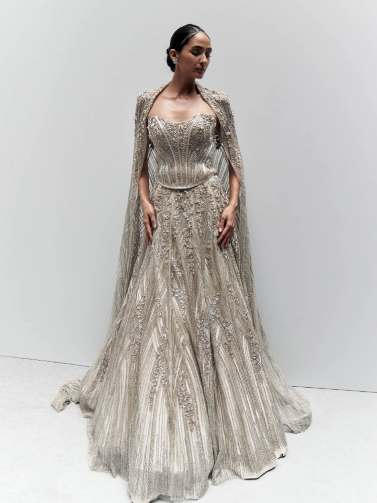 Gaurav Gupta flared embroidered lehenga, corseted blouse, and cape