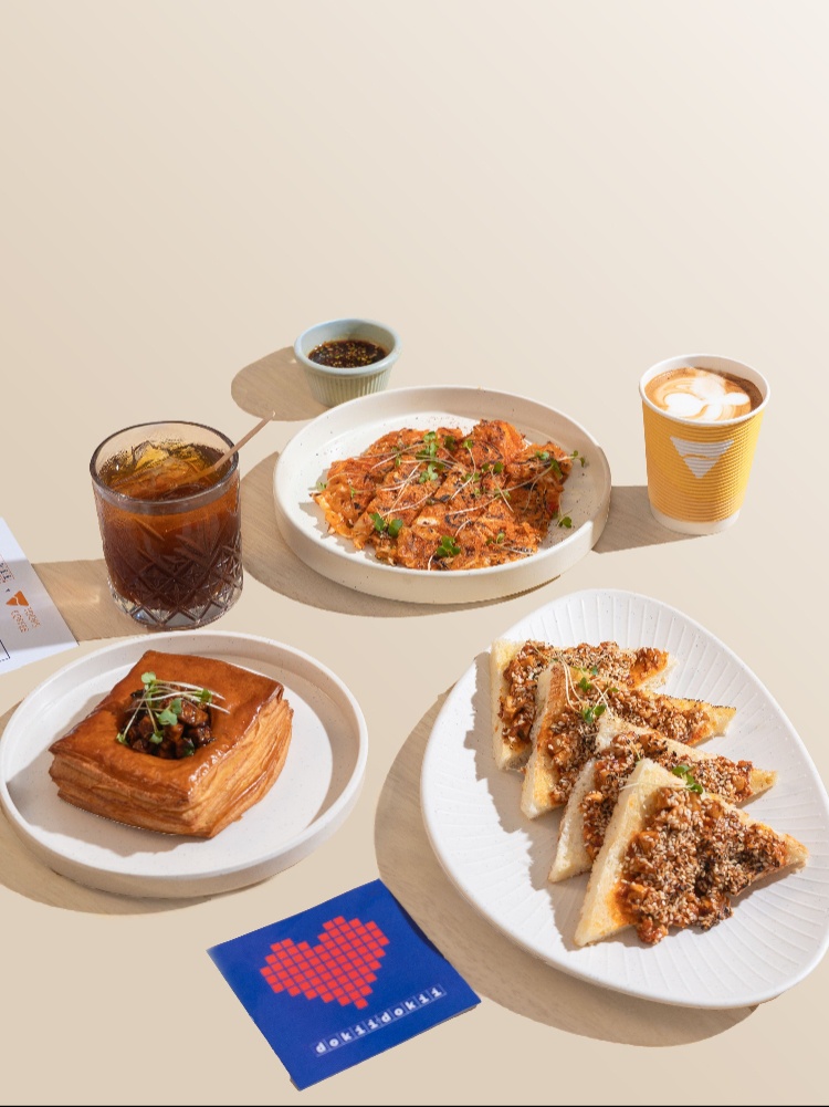 Golden seseame toast prawn, clarified latte - Toops and Asian beakfast puff