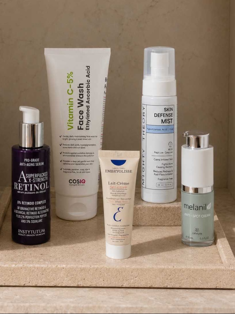 Her skincare routine is fairly simple, it starts with a cleanser and a face mist, followed by treatment products and a hydrating moisturiser