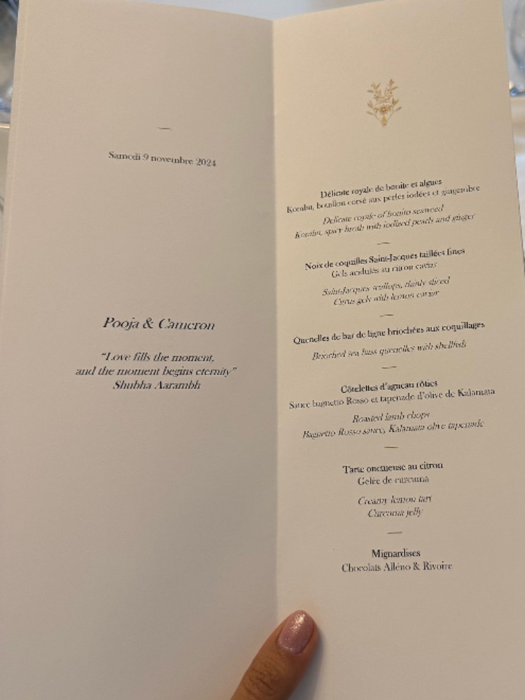 The menu for the post wedding lunch