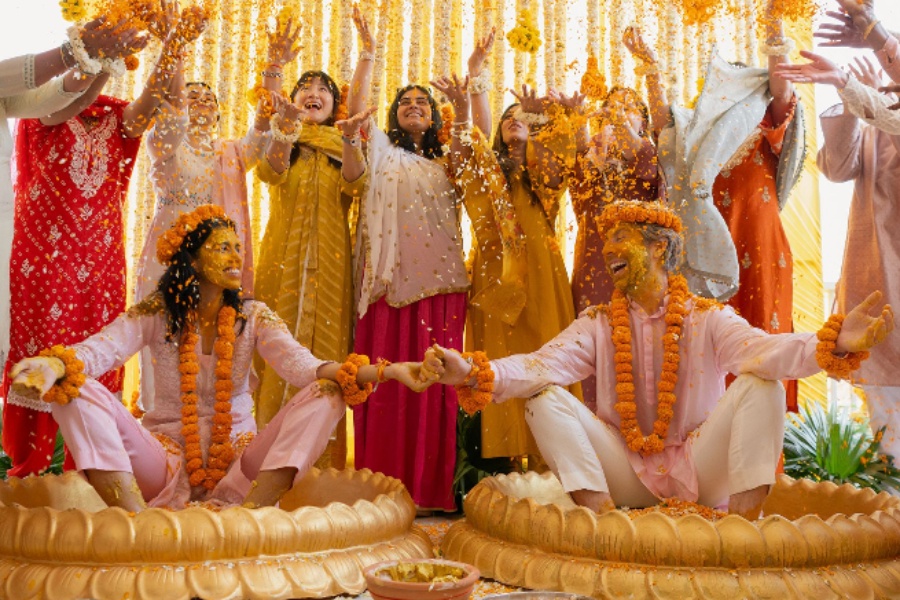 The couple at their haldi celebrations at home in Rohtak, Haryana