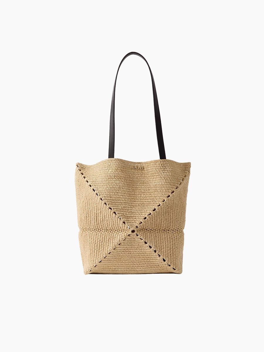 LOEWE + Paula's Ibiza Puzzle Fold medium leather-trimmed raffia tote