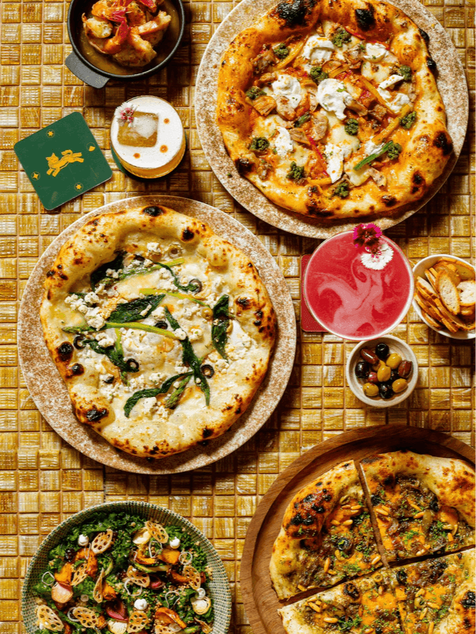 Array of pizzas with the perfect crust and toppings