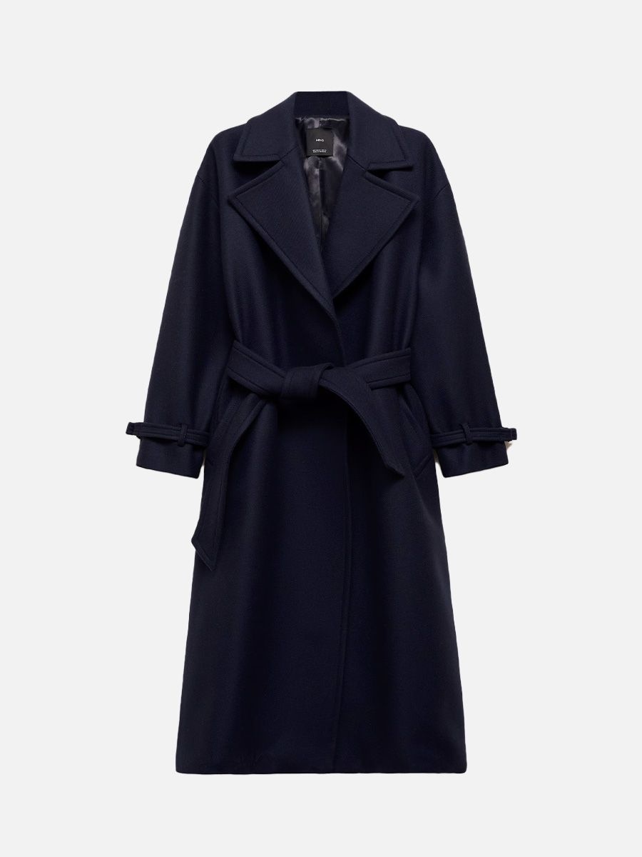 Mango Navy Virgin Wool Coat with Belt