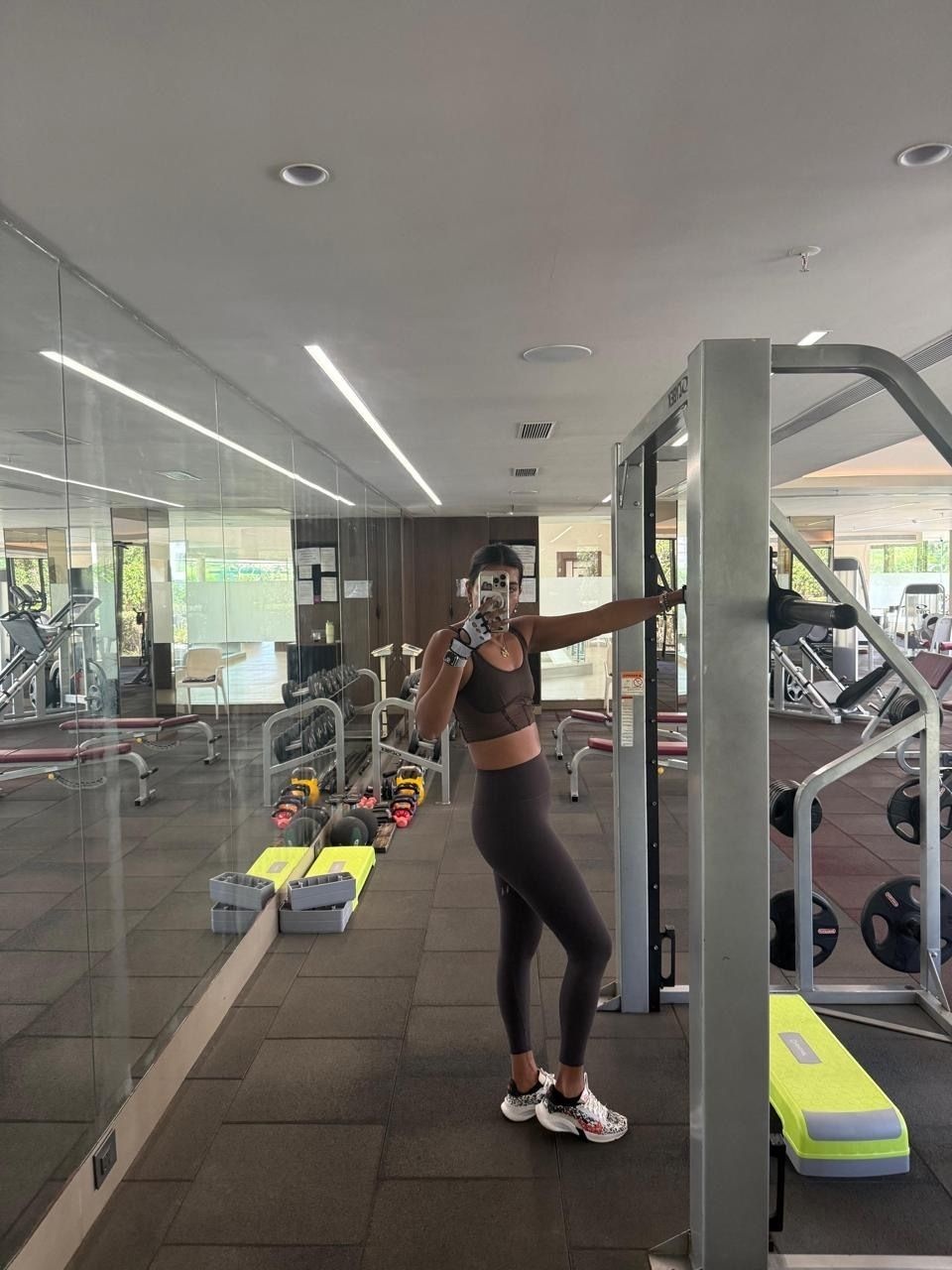 Stylist Priyanka Kapadia in her brown leggings and sports bra set