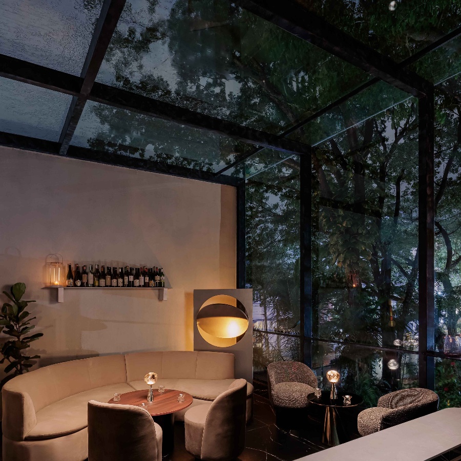 Moonjar features a glass wall ceiling in the dining area