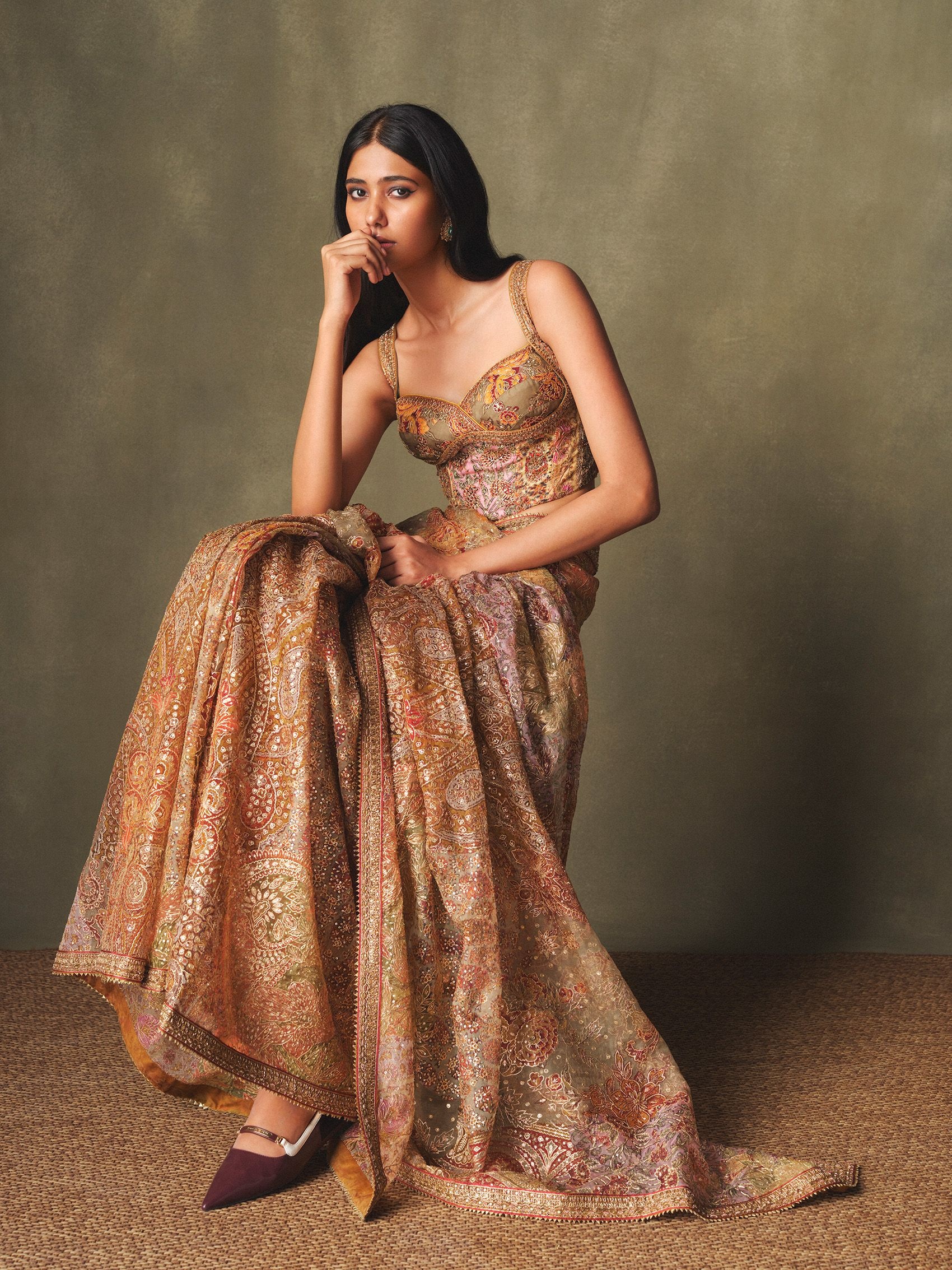 Gold and multicolour embroidered lehenga set