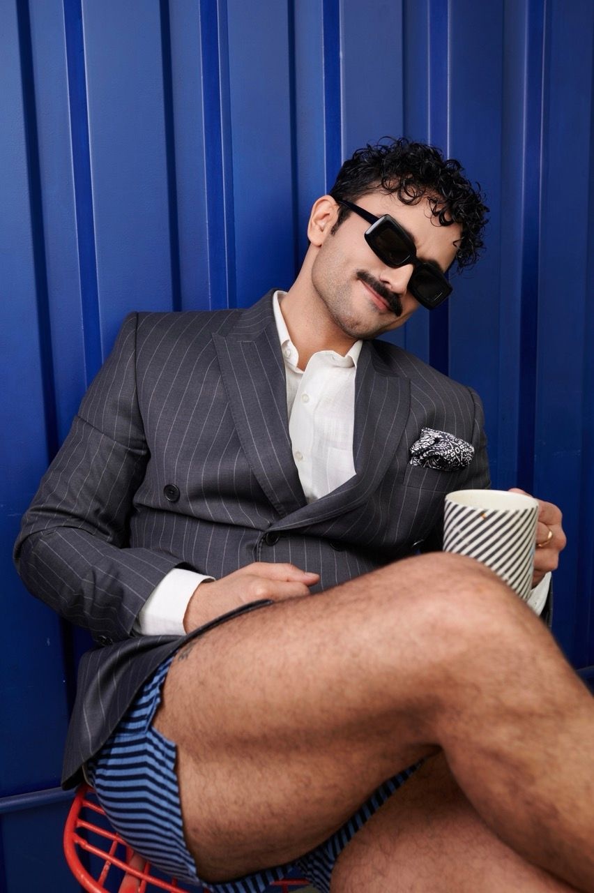 Actor Sahil Salathia in shorts and a blazer, The Nod Mag