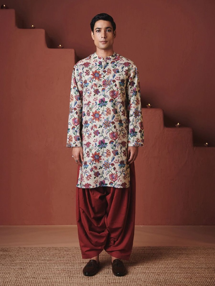 Beige chintz co-linen men's classic kurta, Saphed, ₹5,999