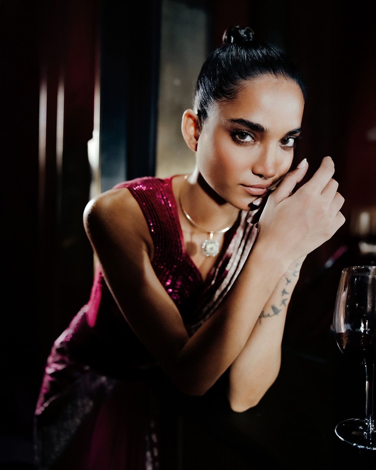 A model wearing a pink Amit Aggarwal sari from the Banarasi edit