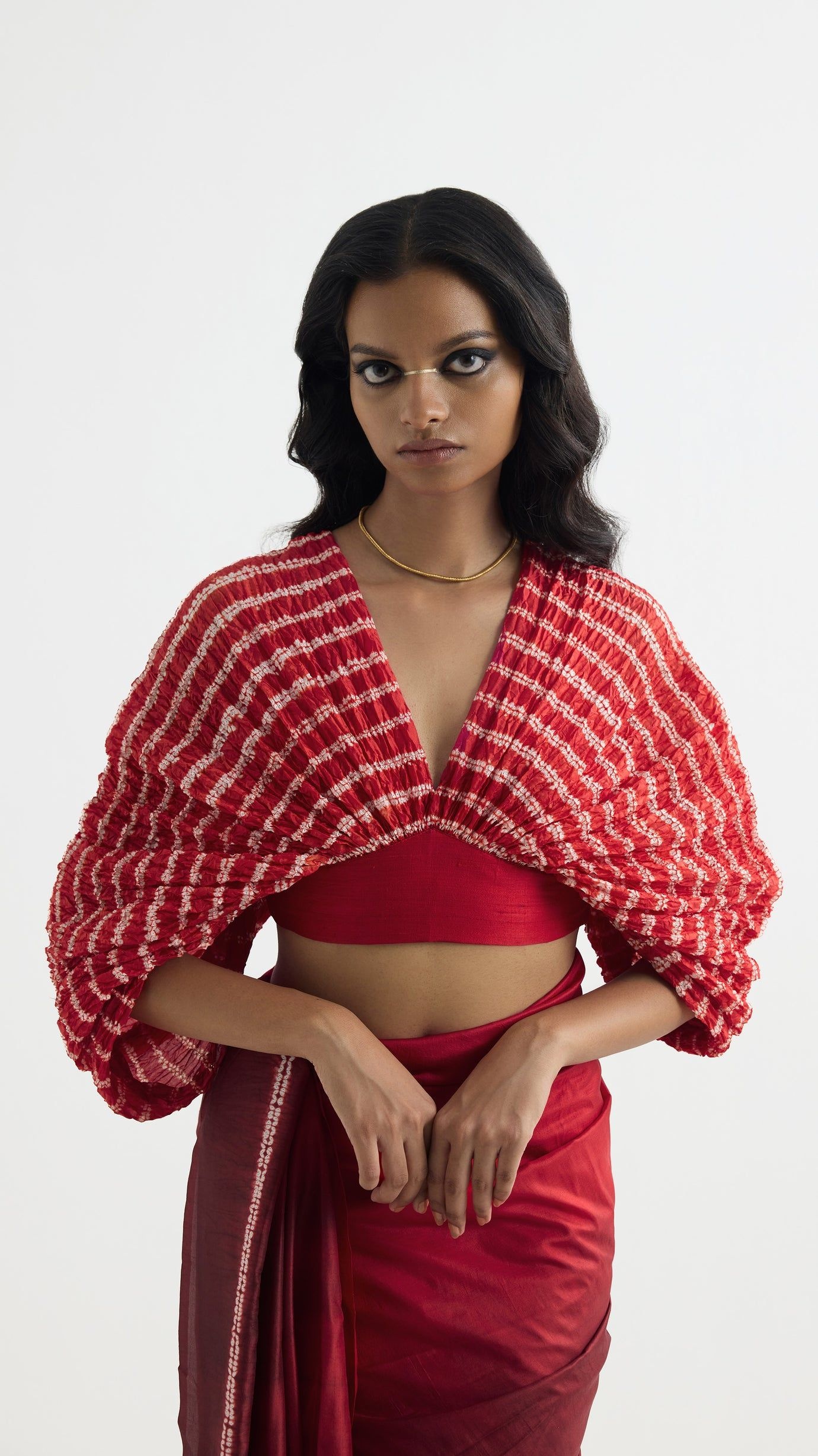 Noble blouse with exaggerated sleeves in red Shibori, Studio Medium