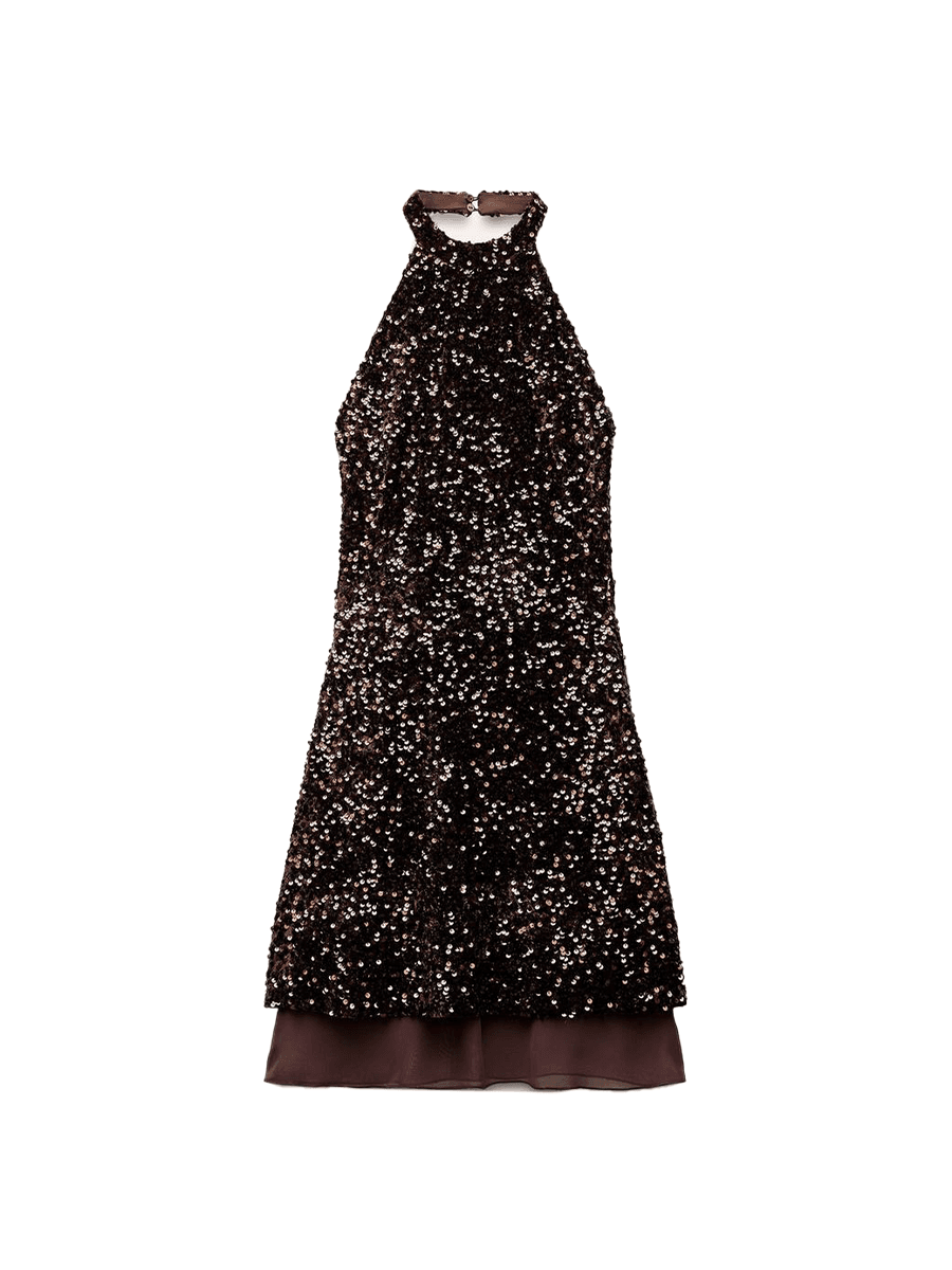 Brown Zara halter neck backless mini dress with sequins 