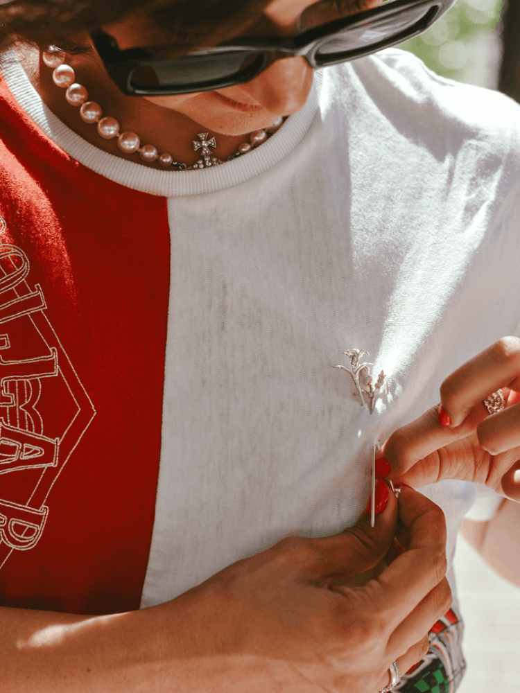 Brooches from The Ouze styled on a T-shirt