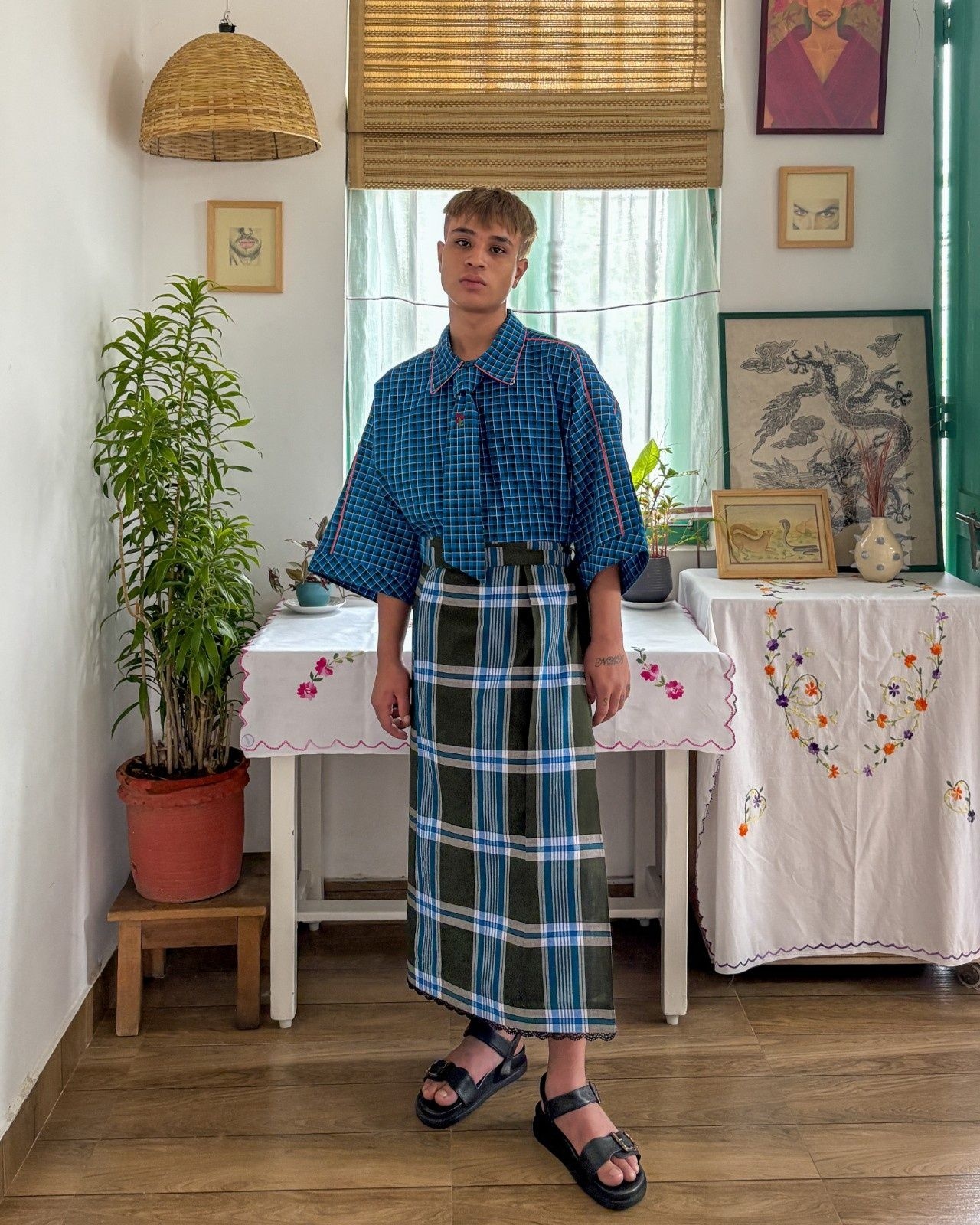 The S’cool shirt (a shirt with a matching hand-embroidered necktie) paired with a wrap skirt, both in handloom cotton from Chennai