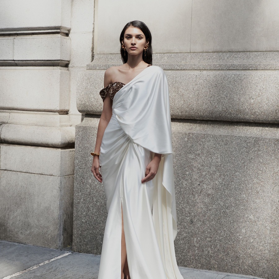 A pre-draped sari look from 431-88's first bridal collection