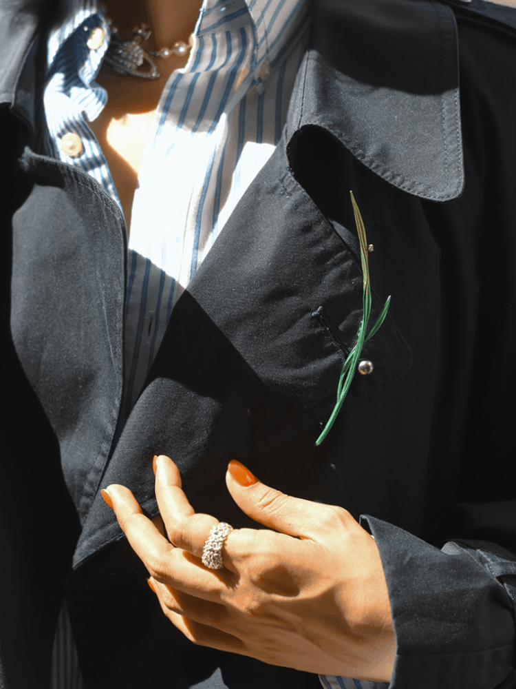 Pearl Glades of Glass brooch by Anabela Chan on a coat