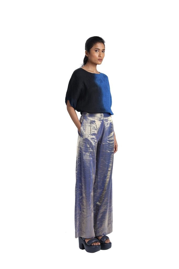 Molten metallic ultramarine silver blue trousers, Akaaro