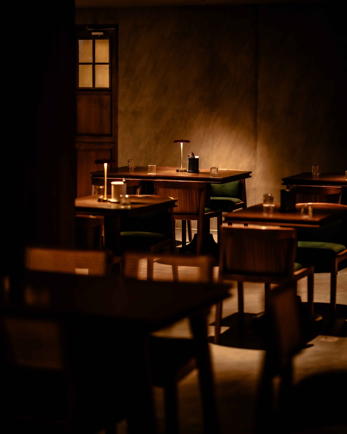 Bar Stormy's warm wood furniture