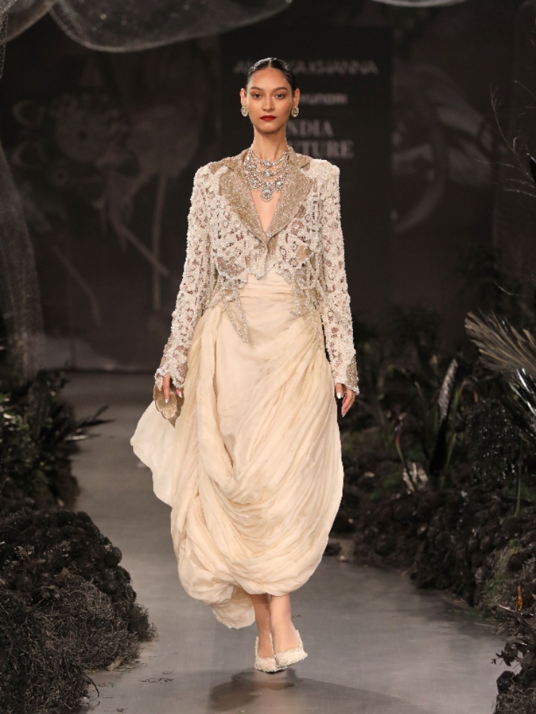 Embroidered short jacket with organza skirt, Anamika Khanna