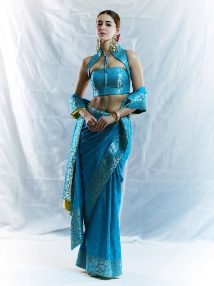 Bollywood actor Ananya Panday in a Mandarin collar blouse and sari by Ekaya Banaras