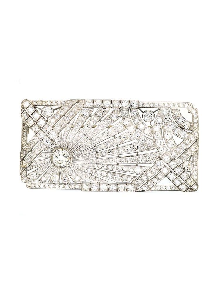 Art Deco Platinum Large Sunburst Rectangular Brooch set with Diamonds by The Antique Jewellery Company