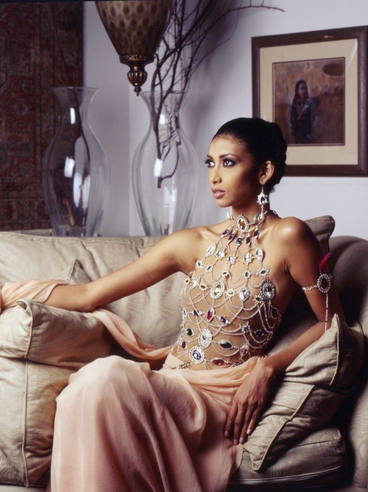 Archival Tarun Tahiliani look featuring a jewelled blouse and drape