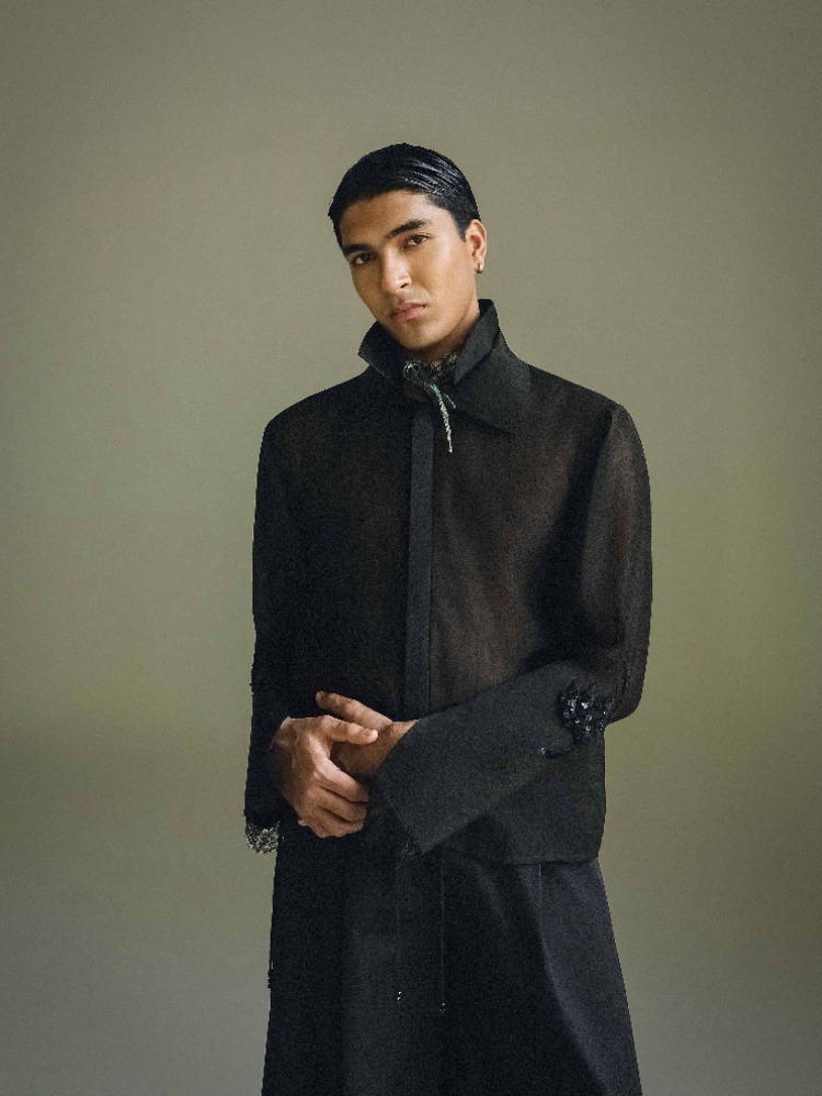 A double collar chanderi shirt with tie-ups cuffs