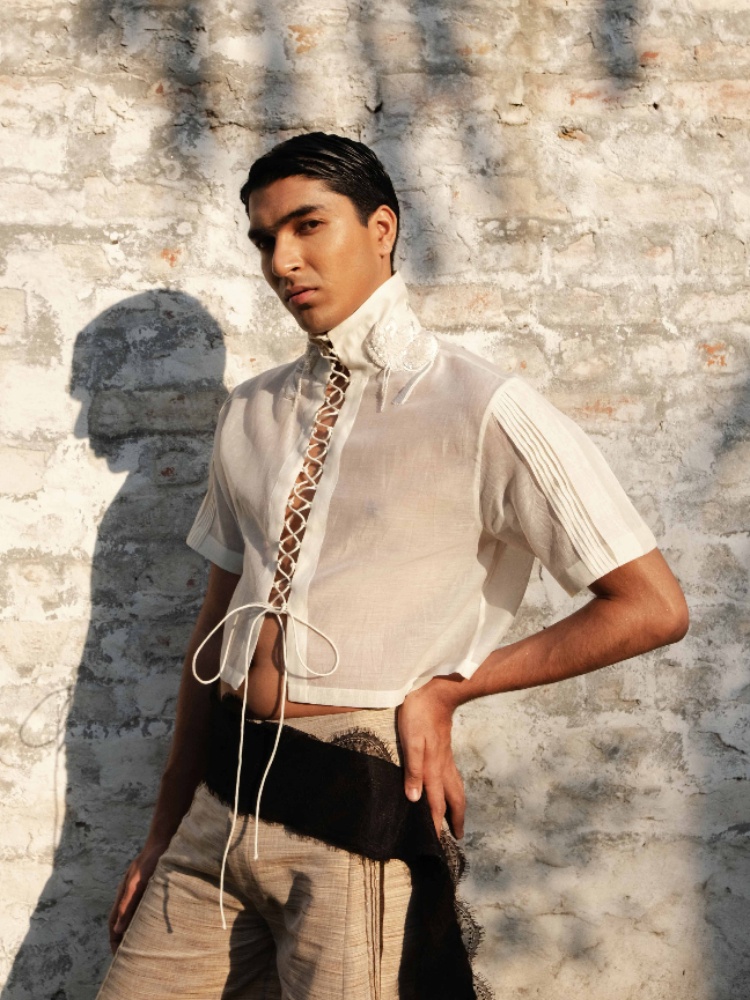 Ashiva Shu top with pintuck pleated sleeves and a tie-up