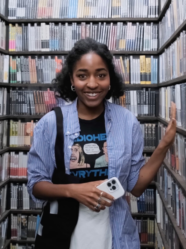 Ayo Edebiri in the Criterion Closet sporting a Radiohead t-shirt in 2024