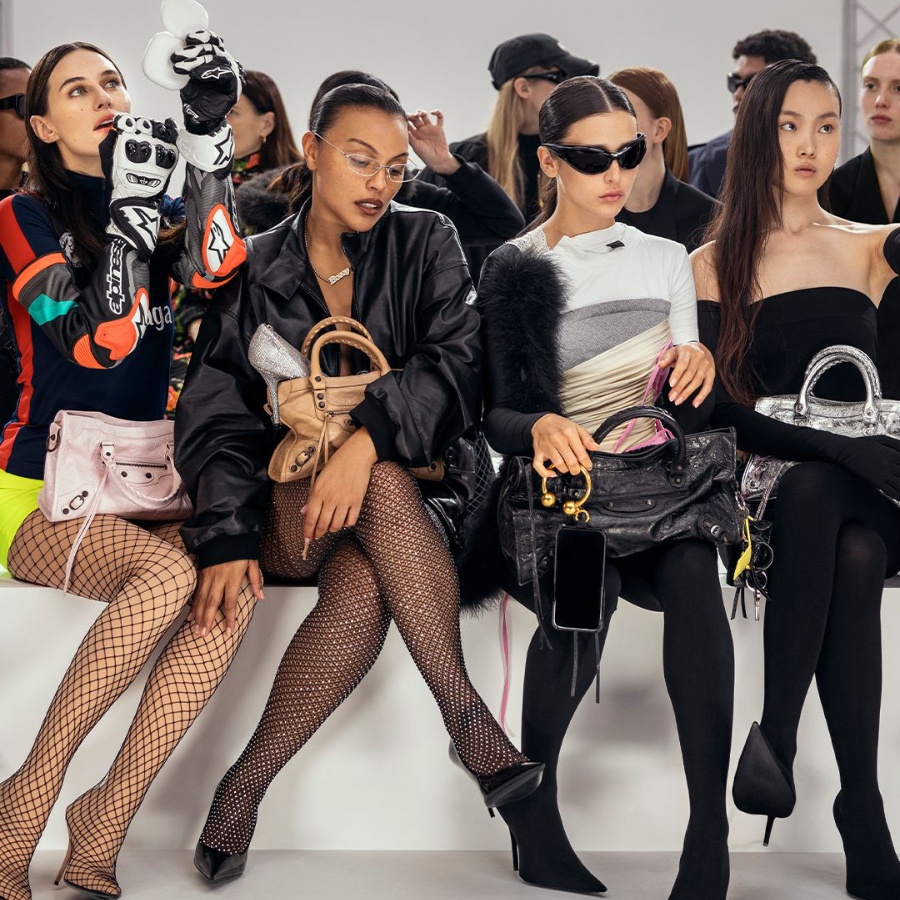 Devon Lee Carlson, Paloma Elsesser, Livia Nunes Marques, and Sua Lee, in Balenciaga's Le City Bag Campaign, photographed by Lauren Greenfield