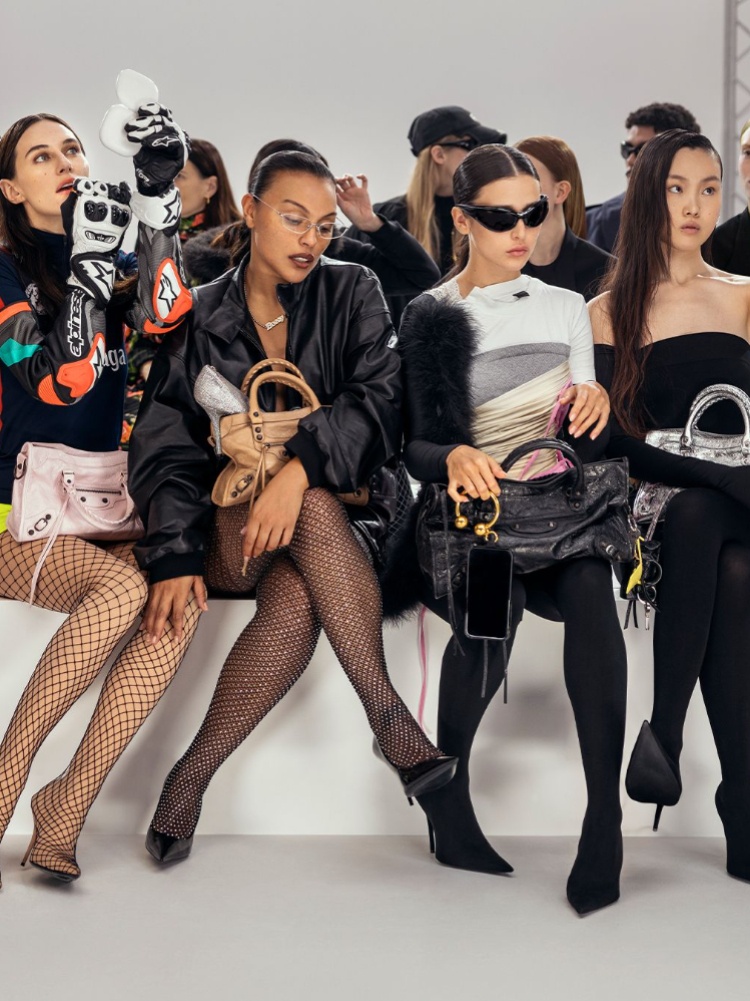 Devon Lee Carlson, Paloma Elsesser, Livia Nunes Marques, and Sua Lee, in Balenciaga's Le City Bag Campaign, photographed by Lauren Greenfield