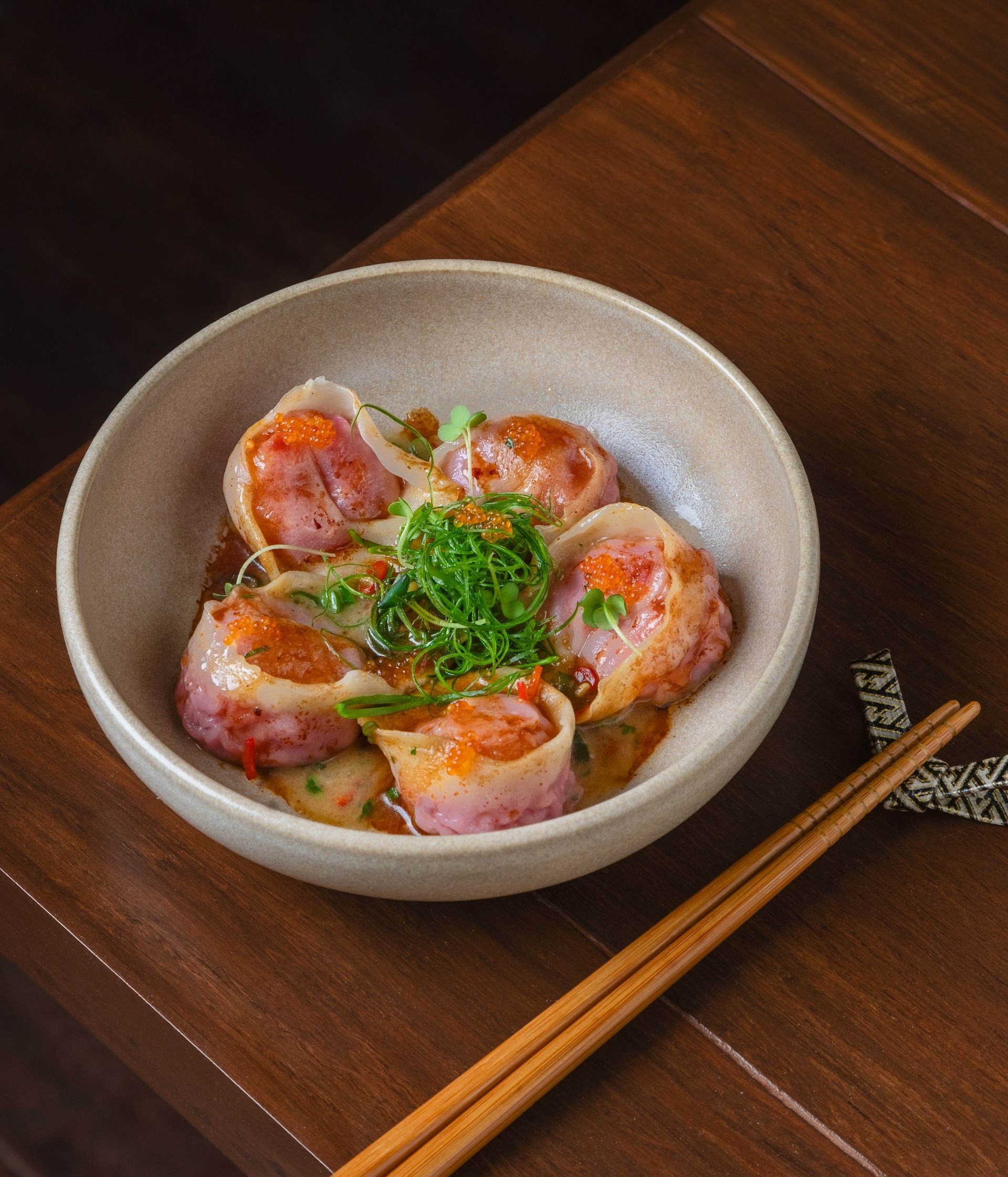 Beet and Scallop Dumpling With Spicy Soy Butter Sauce