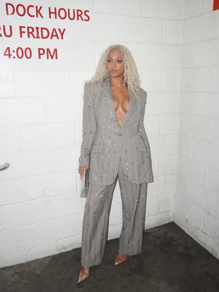 Beyoncé Knowles in a crystal adorned grey suit from Stella McCartney