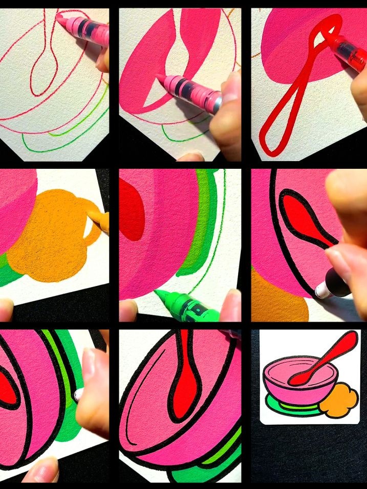 A collage of a person colouring an image from an ASMR video