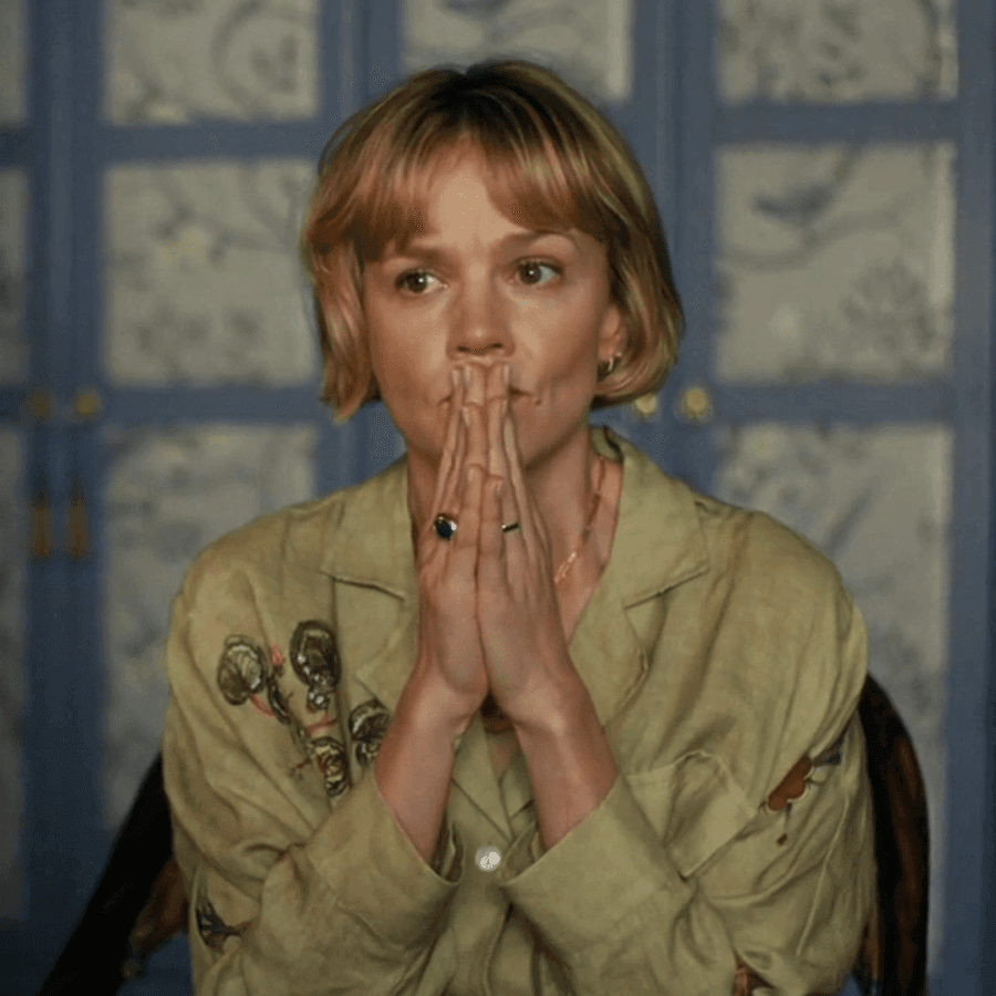 Carey Mulligan in Cord's Lounge Set made from 100% handwoven linen fabric in hand-painted botanical print